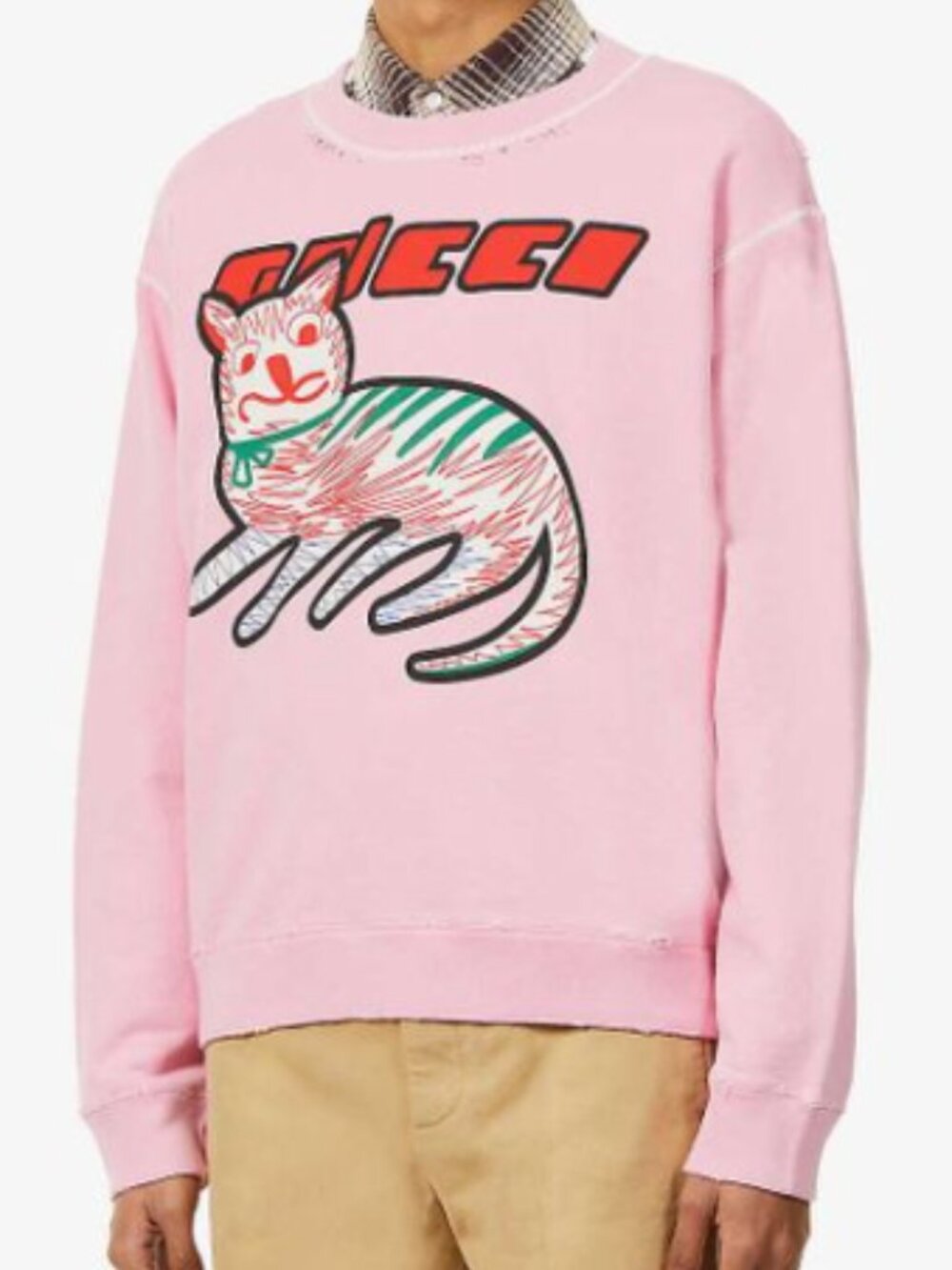 Gucci Pink Cat & Logo Print Distressed Cotton Sweatshirt, Size S